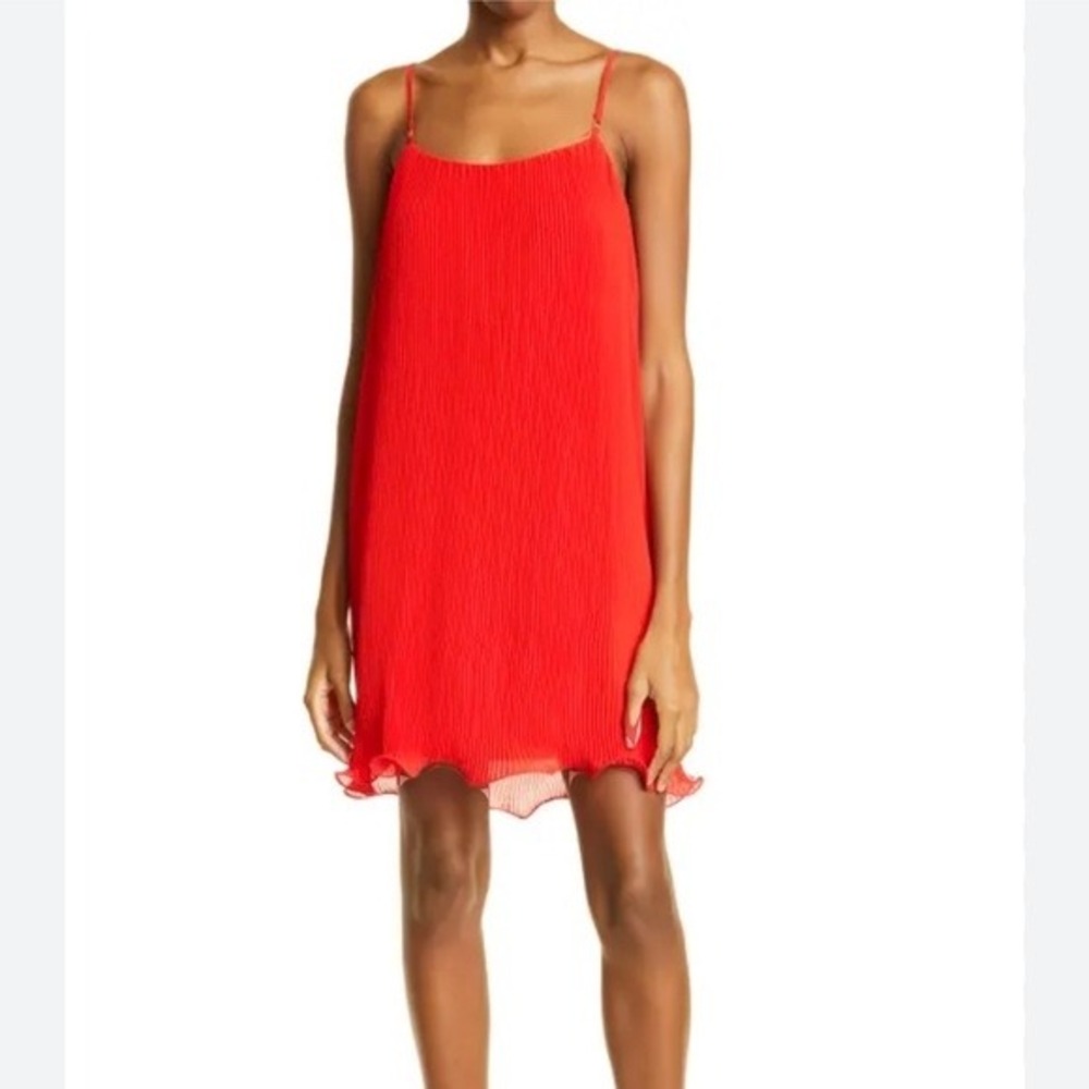 Milly Red Pleated Mini Dress‎ Spaghetti Strap Lettuce Hem Size 8 NWT